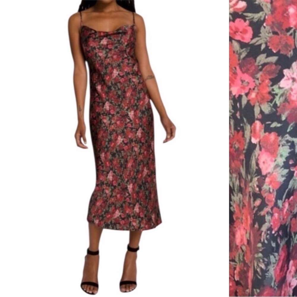 GOOD AMERICAN Black Red Moody Dark Floral Silky Midi Slip Dress Size Small 1
